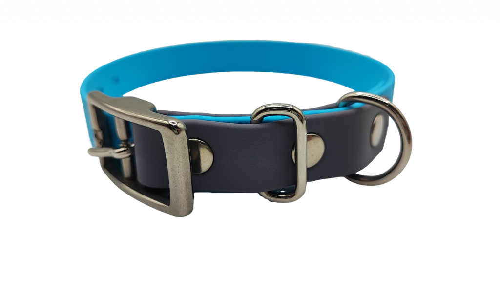 Collier chien en Biothane bicolore UrbanPet Factory – bleu clair et bleu gris avec boucle en métal