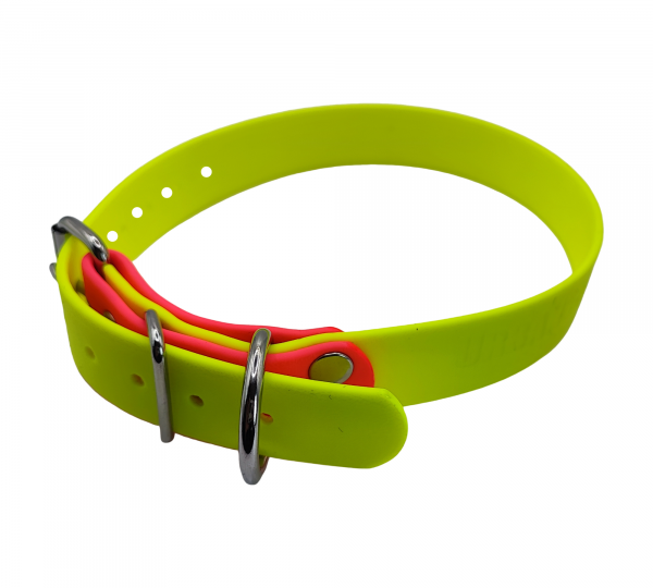 Collier pour chien en Biothane jaune fluo avec embout rose fluo et bouclerie argentée brillante.
