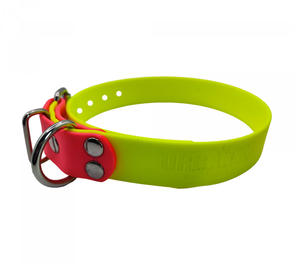 Collier pour chien en Biothane jaune fluo avec embout rose fluo et bouclerie argentée brillante.