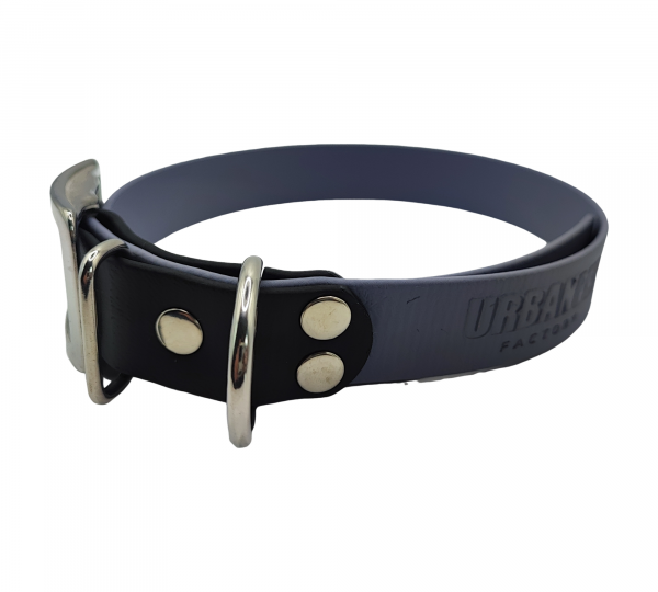 Collier pour chien en Biothane gris ardoise avec embout noir et boucle métallique robuste.