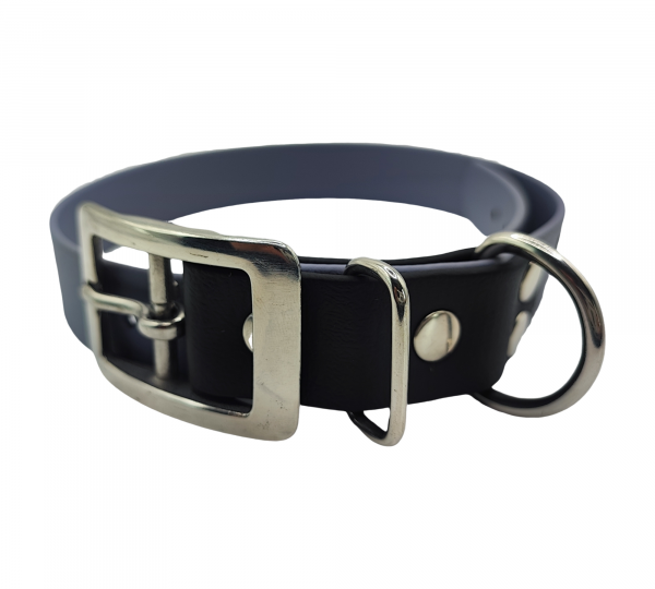 Collier pour chien en Biothane gris ardoise avec embout noir et boucle métallique robuste.