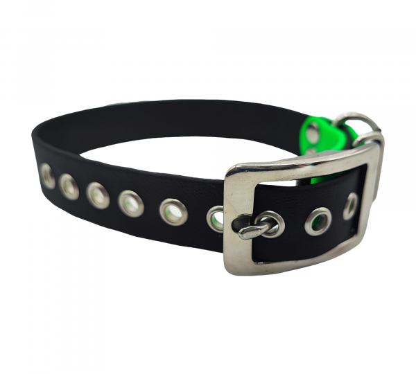 Collier pour chien en Biothane noir avec embout vert fluo, boucle métallique et anneau en D.