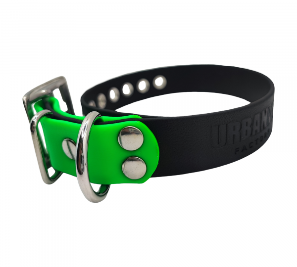 Collier pour chien en Biothane noir avec embout vert fluo, boucle métallique et anneau en D.