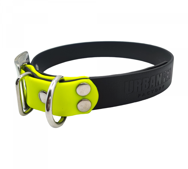 Collier pour chien en Biothane noir et jaune fluo, avec boucle métallique et anneau en D.