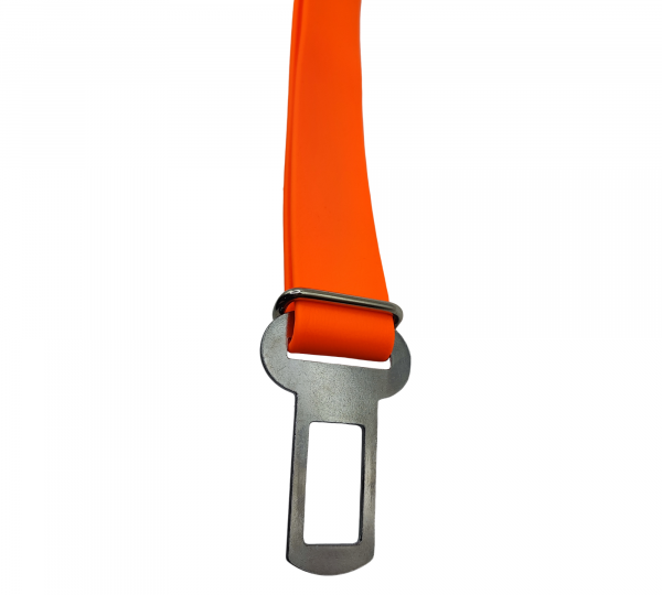 Attache ceinture de sécurité pour chien en Biothane orange et noir, équipée d’un mousqueton robuste et d’une boucle réglable.