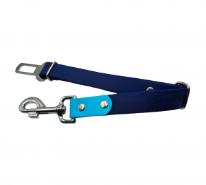 Attache ceinture pour chien en Biothane bleu marine et bleu clair avec mousqueton et boucle réglable.