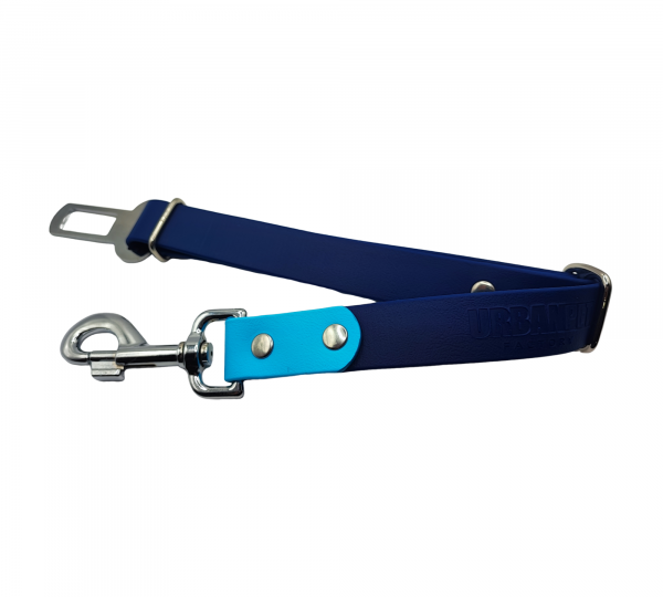 Attache ceinture pour chien en Biothane bleu marine et bleu clair avec mousqueton et boucle réglable.