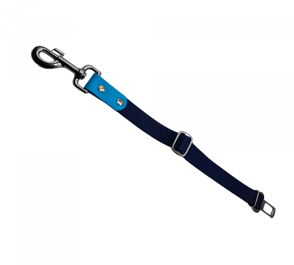 Attache ceinture pour chien en Biothane bleu marine et bleu clair avec mousqueton et boucle réglable.