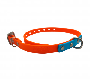Collier pour chien en biothane 13 mm, orange fluo avec embout bleu ciel et rivets argentés – Urban Pet Factory.