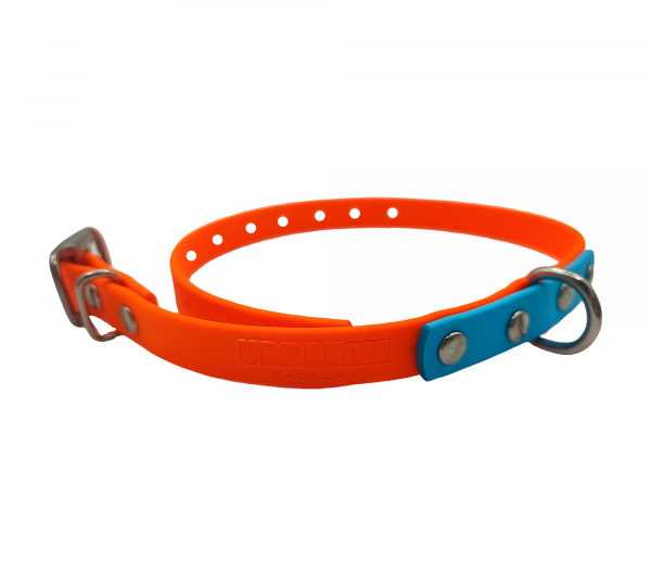 Collier pour chien en biothane 13 mm, orange fluo avec embout bleu ciel et rivets argentés – Urban Pet Factory.