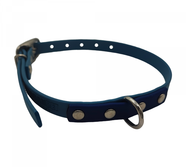 Collier pour chien en biothane 13 mm, bleu pétrole avec embout bleu marine et rivets argentés – Urban Pet Factory.