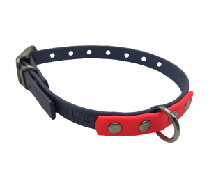 Collier pour chien en biothane bicolore bleu marine et rose fluo, 13 mm de large, avec boucle et anneau métallique – Urban Pet Factory.