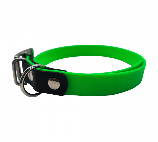 Collier bicolore 19 mm pour chien en biothane, vert fluo et noir.