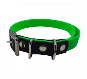 Collier bicolore 19 mm pour chien en biothane, vert fluo et noir.