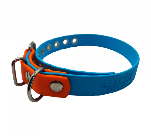 Collier bicolore 19 mm pour chien en biothane, coloris bleu vif et orange fluo.