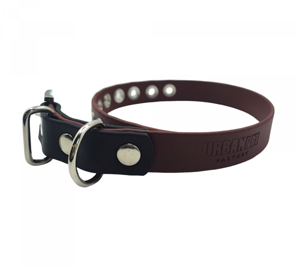 Collier bicolore 19 mm pour chien en biothane, coloris marron chocolat et noir intense.