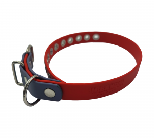 Collier bicolore 19 mm pour chien en biothane, couleurs rouge vif et gris.