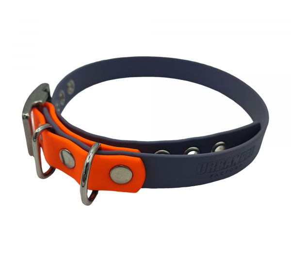 Collier bicolore 19 mm pour chien en biothane, couleurs orange et gris ardoise.
