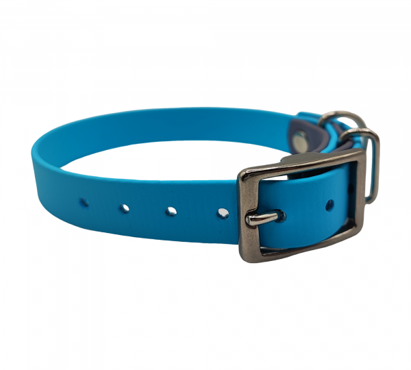 Collier pour chien en biothane bleu ciel et bleu foncé, largeur 19 mm, avec boucle métallique – Urban Pet Factory.