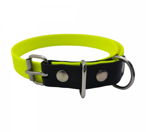 Collier bicolore 19 mm pour chien en biothane, jaune fluo et noir, signé Urban Pet Factory.