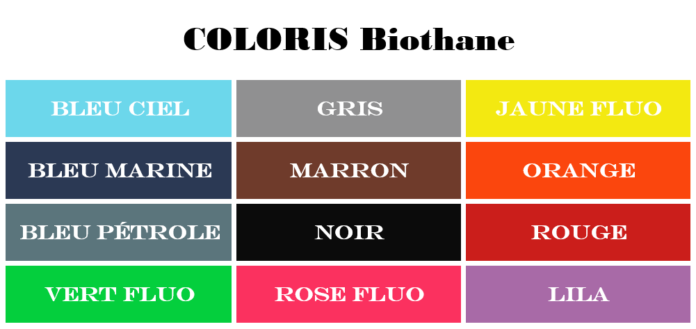 tableau des couleurs pour articles biothane
