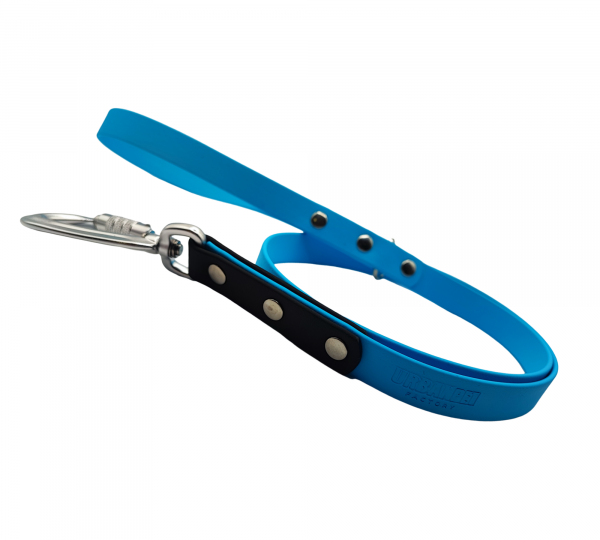 Laisse coupleur pour chien en Biothane bleu et noir avec mousqueton sécurisé.