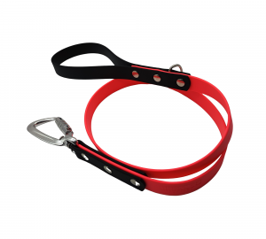 Laisse coupleur pour chien en Biothane rose fluo et noir avec mousqueton