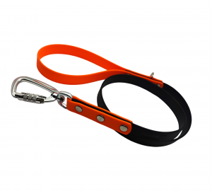 Laisse coupleur pour chien en Biothane noir et orange fluo avec mousqueton sécurité.