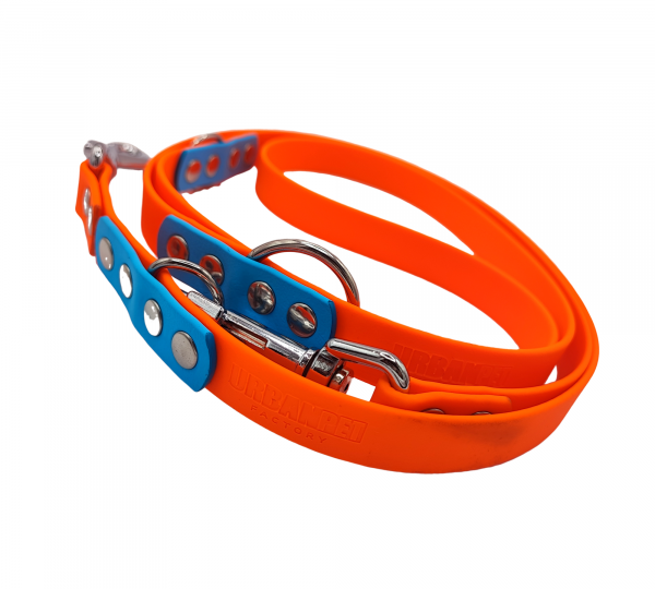 Laisse multipositions 19 mm pour chien en Biothane orange fluo et bleu ciel avec mousquetons inox.