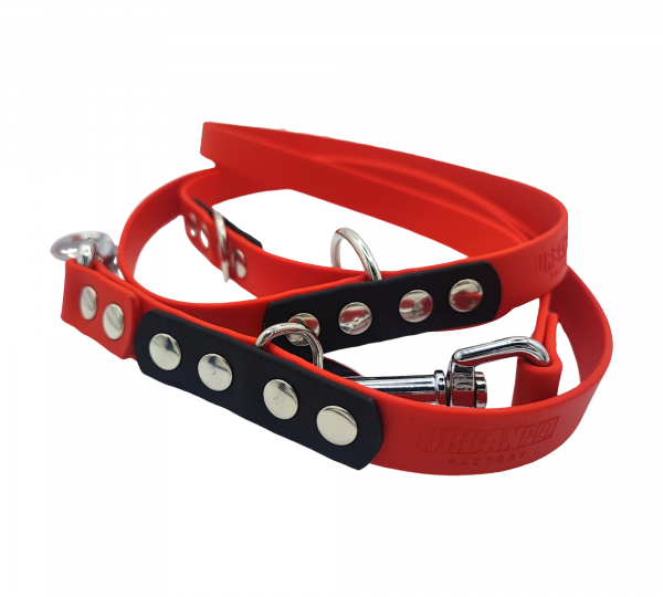 Laisse multipositions 19 mm pour chien en Biothane rouge et noir avec attaches en acier inoxydable.