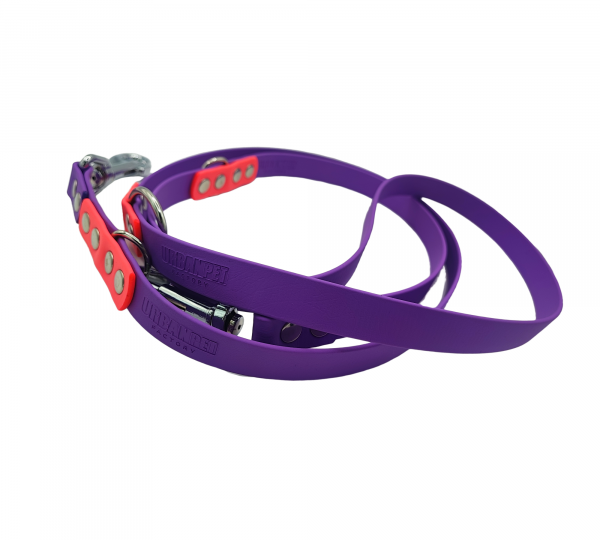 Laisse multipositions pour chien en Biothane violet et rouge fluo avec mousquetons inox de 19 mm.