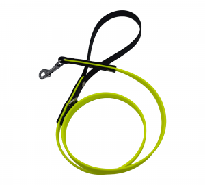 Laisse pour chien en Biothane 13mm jaune fluo et noir avec poignée noire, mousqueton métal et rivets en acier.
