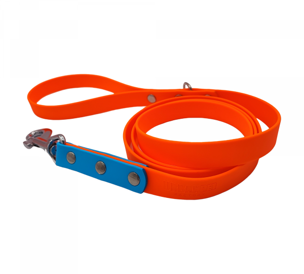 Laisse en biothane orange fluo avec fixation bleu ciel – Urban Pet Factory.