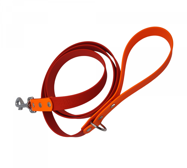 Laisse en biothane 25 mm rouge avec poignée orange fluo et rivets métalliques – Urban Pet Factory.
