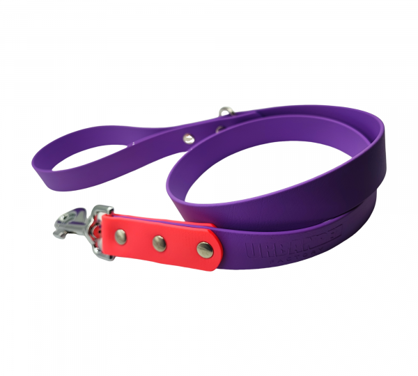 Laisse pour chien en biothane 25 mm, violet avec poignée rose fluo et rivets argentés – Urban Pet Factory.