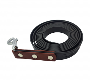 Longe pour cheval en Biothane noir avec poignée marron et mousqueton – modèle UrbanPet