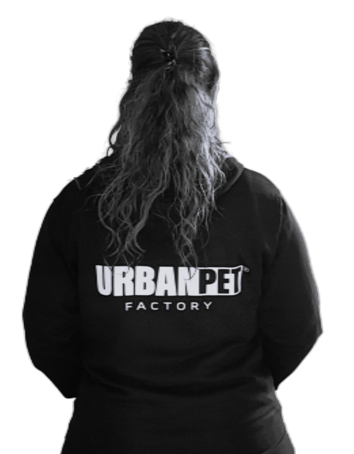 Personne de dos portant un sweat noir UrbanPet Factory – logo visible en blanc