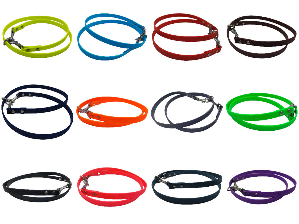 Collection d’attaches PDS en Biothane 13 mm, déclinées en plusieurs couleurs vives avec mousquetons métalliques.