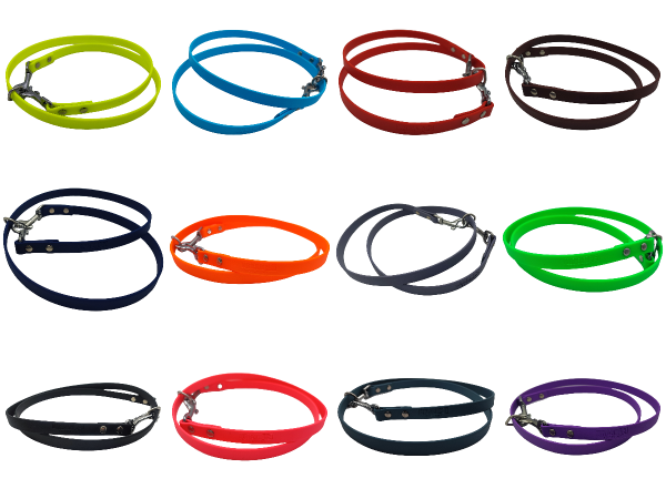 Collection d’attaches PDS en Biothane 13 mm, déclinées en plusieurs couleurs vives avec mousquetons métalliques.